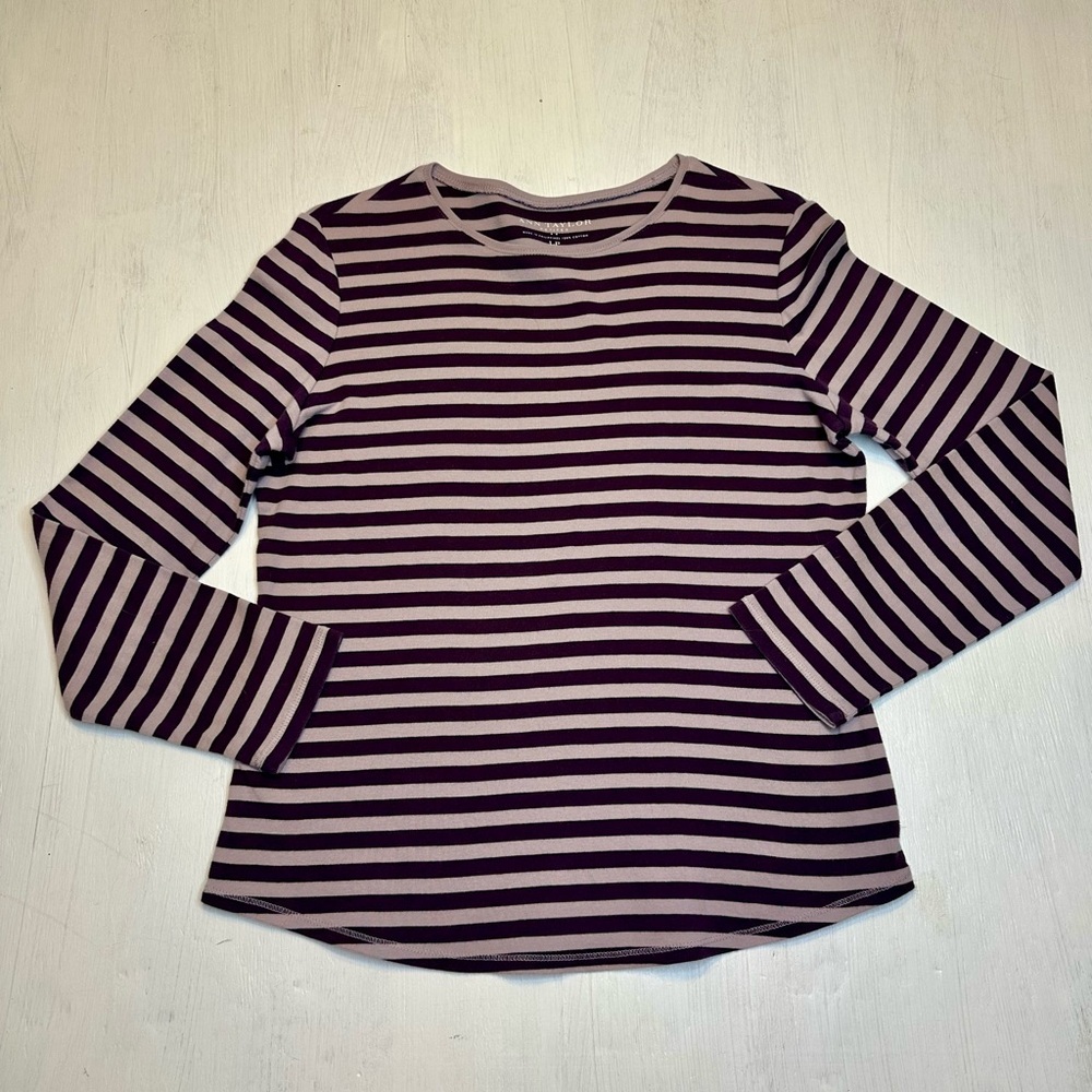 Ann Taylor Petites LP Plum Purple Striped Long Sleeve Cotton Knit Top